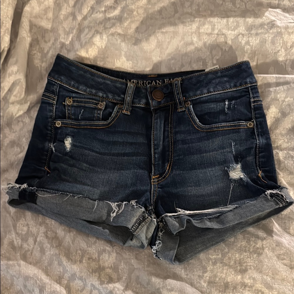 American Eagle Outfitters Women's Ripped Jean Shorts - Dark Blue